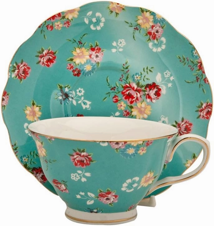 Gracie China Shabby Rose Porcelain 7-Ounce Tea Cup and Saucer Set of 4, Shabby Rose Teal
