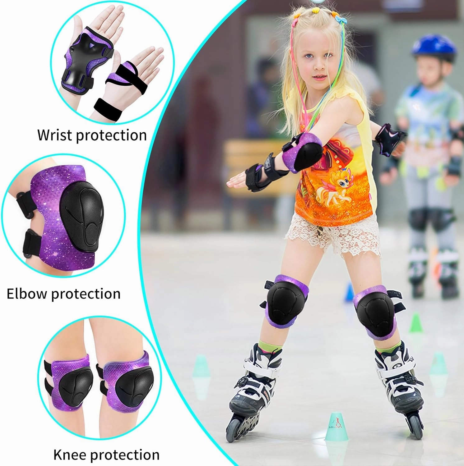 Gradient Color Kids Protective Gear Set Knee Pads for Kid 2-14 Years,W/ Adjustable Strap Kids/Youth Knee Pads Elbow Pads Wrist Guards Set for Inline Roller Skates,Cycling,BMX Bike,Skateboard,Scooter