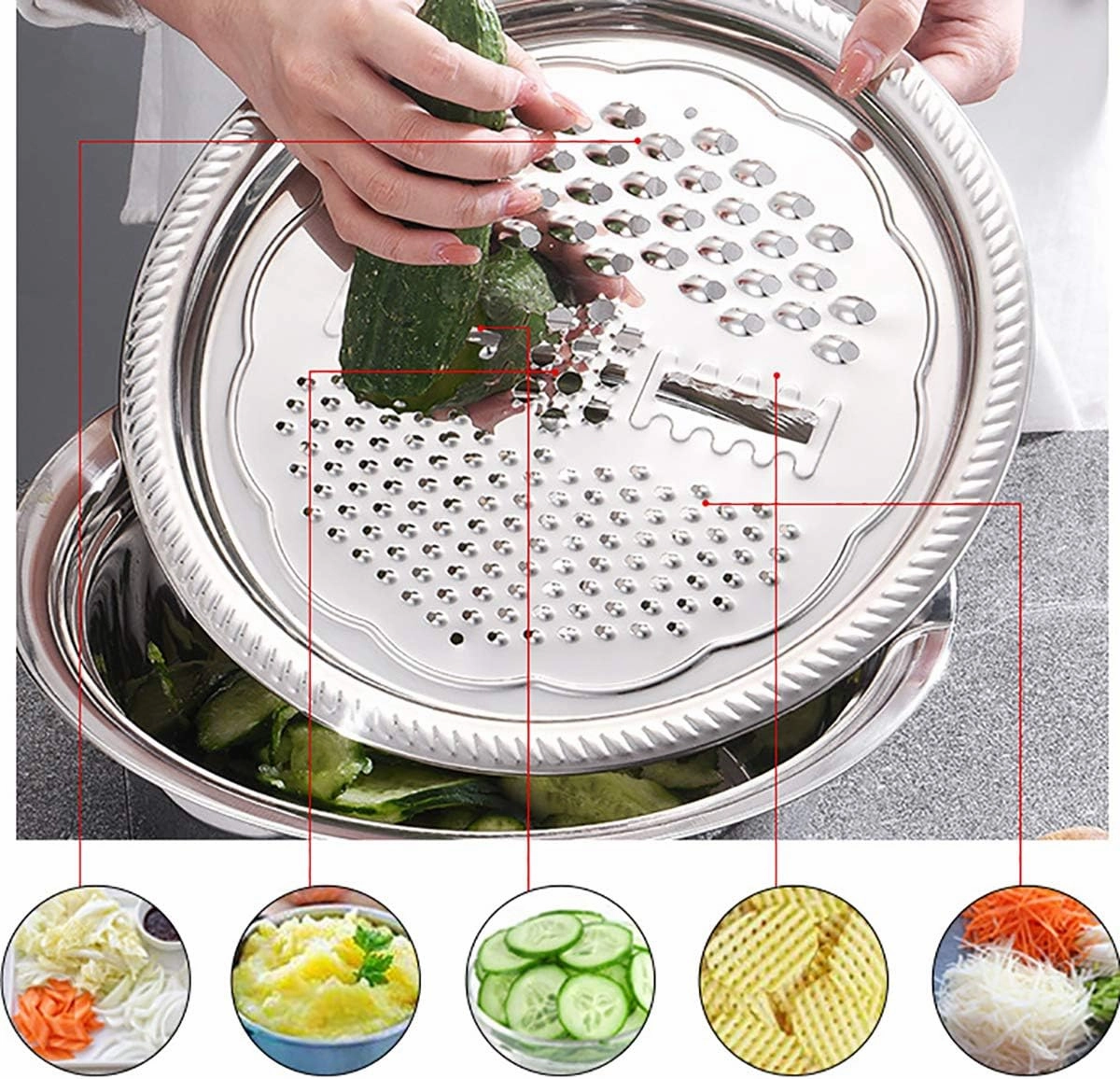 Graters for Kitchen Handheld Stainless Steel Drain Basket Vegetable Cutter 3 In 1 Kitchen Multipurpose Julienne Grater Salad Bowl For Home Colanders & Food Strainers(10in)