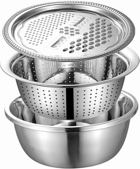 Graters for Kitchen Handheld Stainless Steel Drain Basket Vegetable Cutter 3 In 1 Kitchen Multipurpose Julienne Grater Salad Bowl For Home Colanders & Food Strainers(10in)