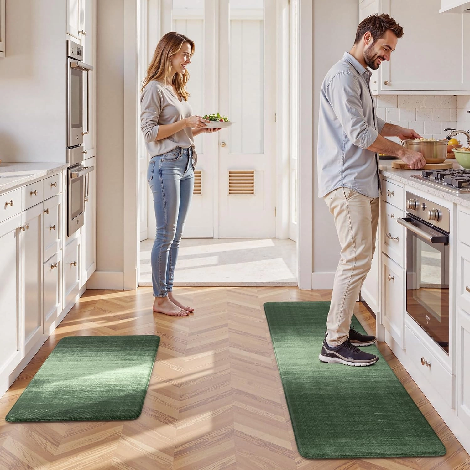 Green Kitchen Mat, Set of 2, 17.3" x 47"   17.3" x 29", Anti-Fatigue, Non-Slip, Waterproof