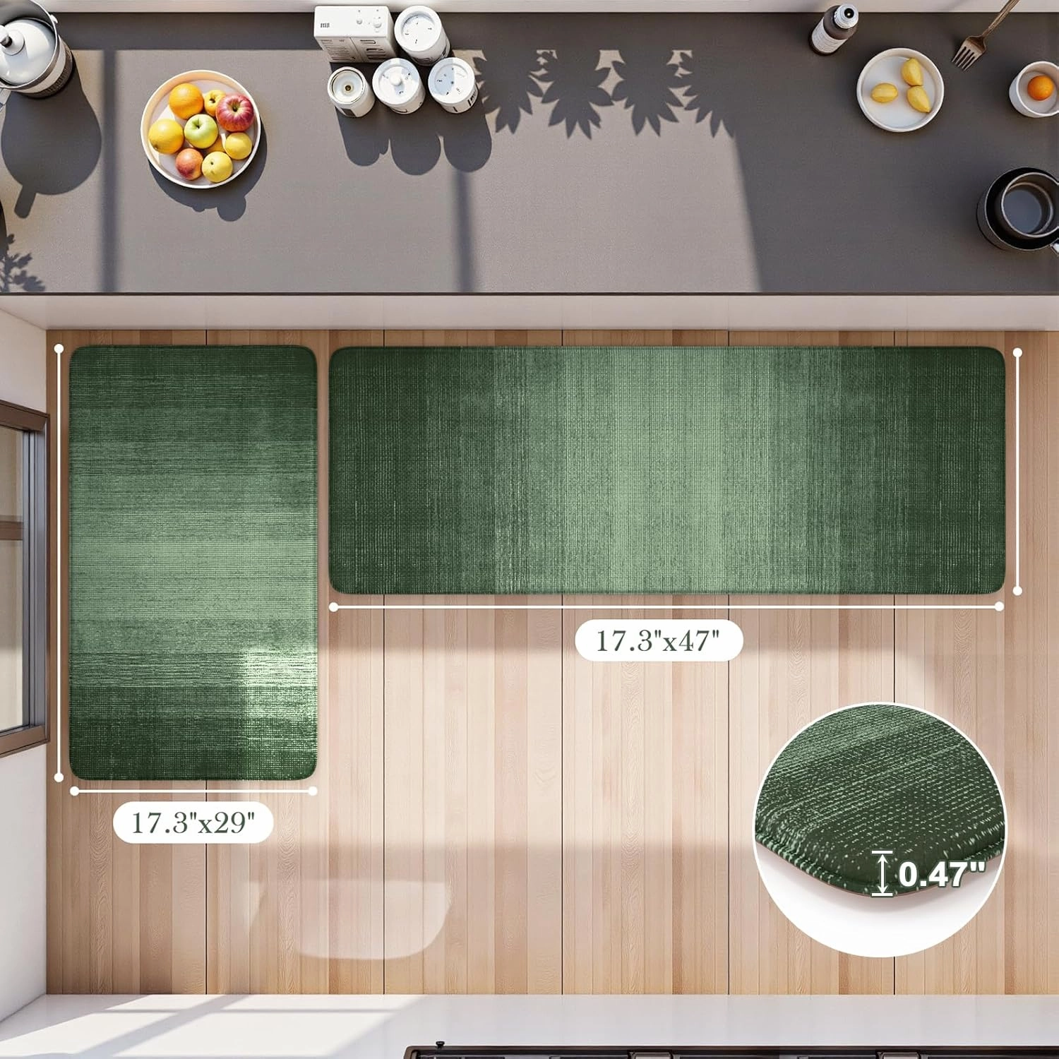 Green Kitchen Mat, Set of 2, 17.3" x 47"   17.3" x 29", Anti-Fatigue, Non-Slip, Waterproof