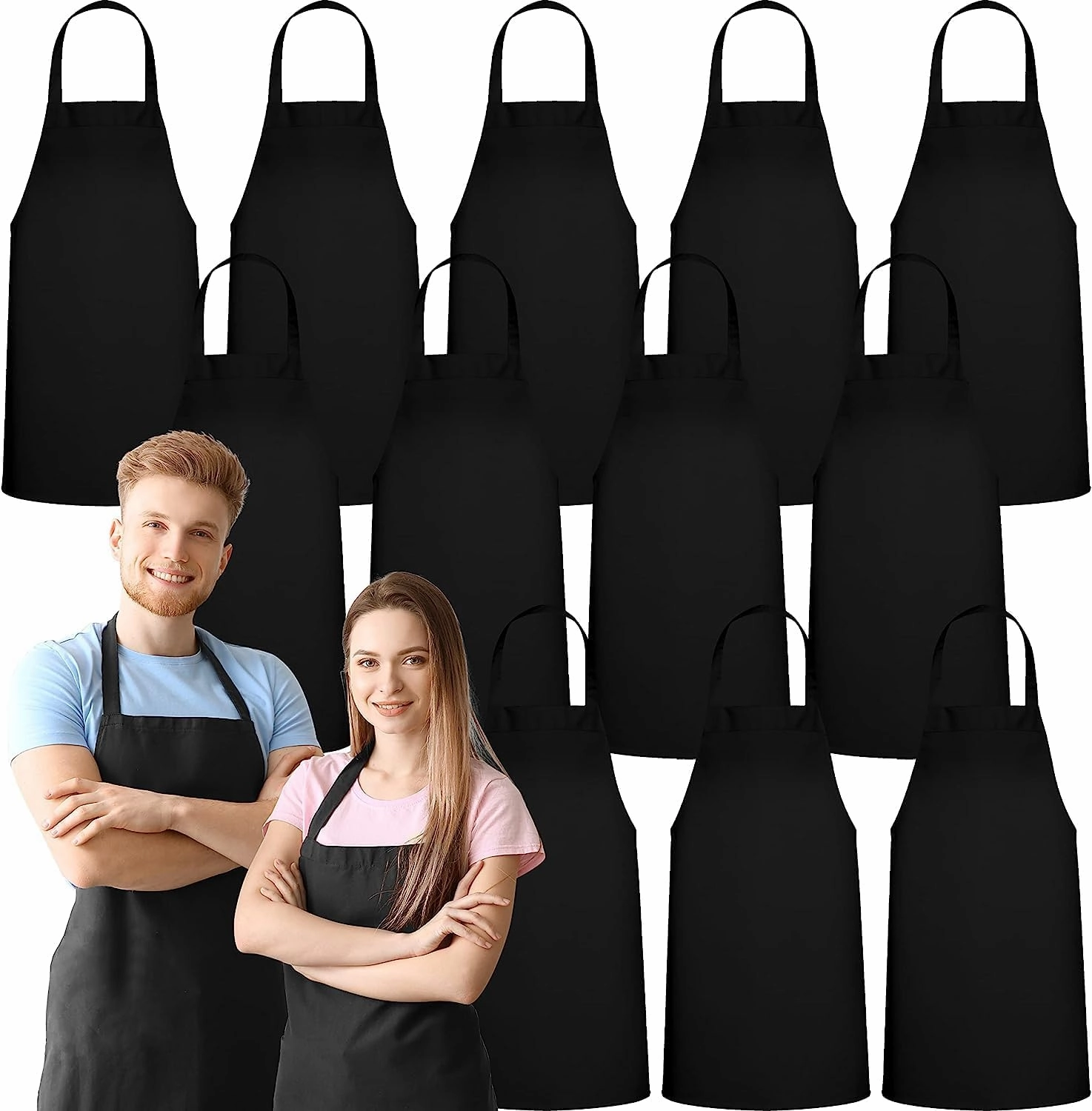 GREEN LIFESTYLE 12 Pack Professional Chef Apron – Grilling Aprons for Men, Waterproof Cooking Aprons for BBQ, Work or Restaurant Use, Kitchen Aprons for Women – Black, No Pockets