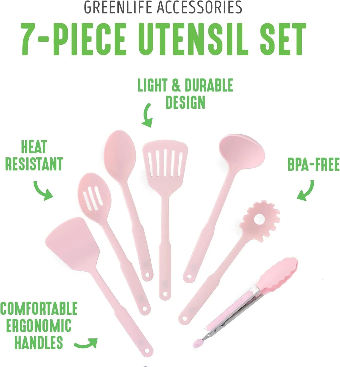 GreenLife Cooking Tools and Utensils, 7 Piece Nylon Set including Spatulas Turner Spoons and Tongs, Dishwasher Safe, Pink