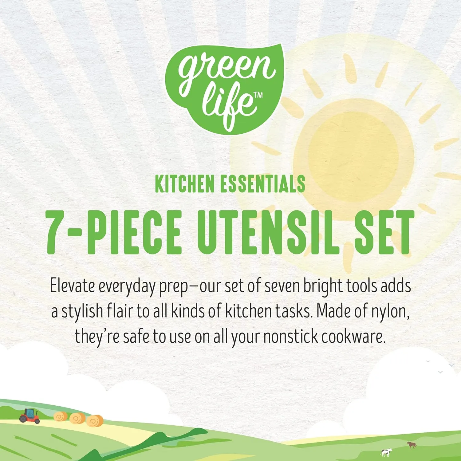 GreenLife Cooking Tools and Utensils, 7 Piece Nylon Set including Spatulas Turner Spoons and Tongs, Dishwasher Safe, Pink