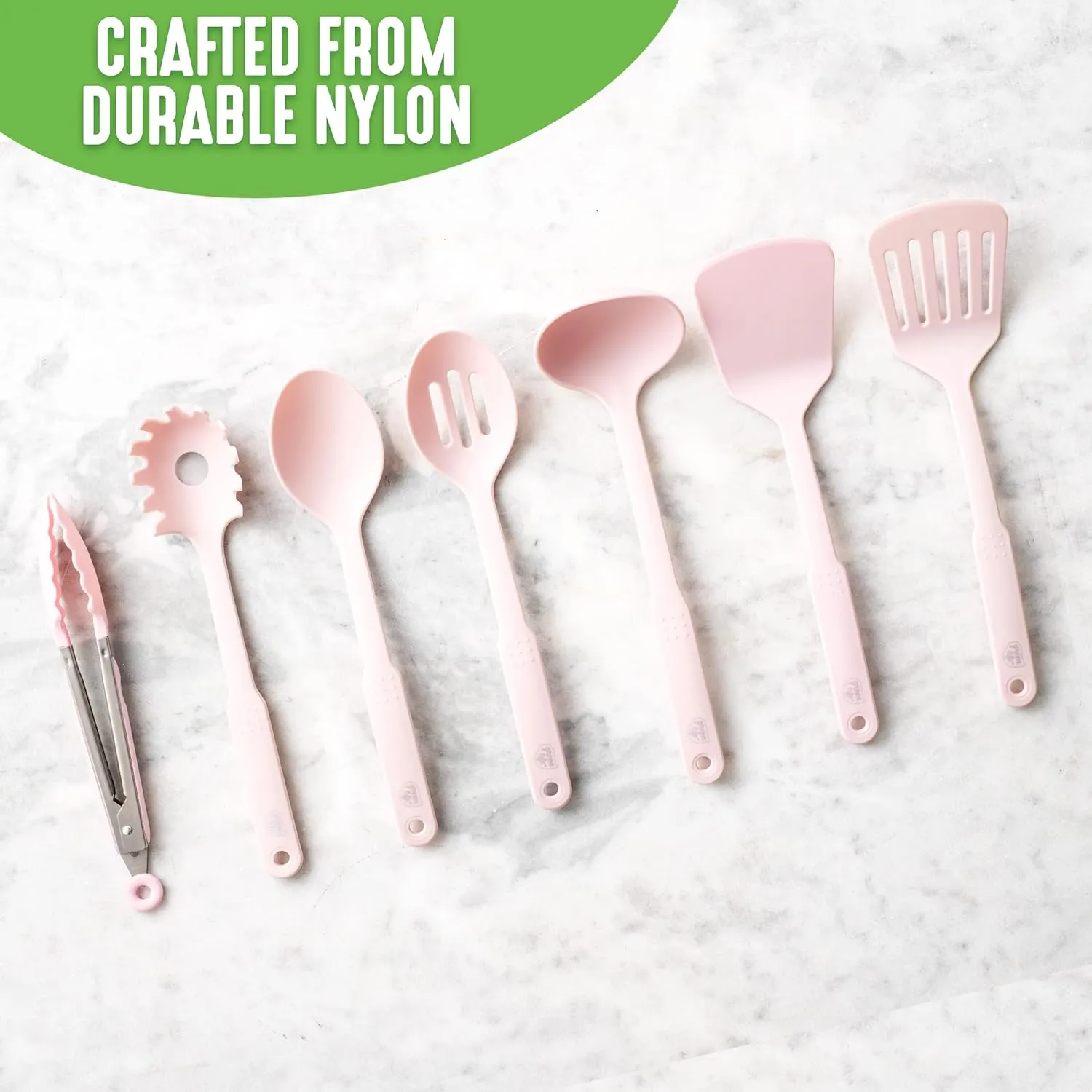 GreenLife Cooking Tools and Utensils, 7 Piece Nylon Set including Spatulas Turner Spoons and Tongs, Dishwasher Safe, Pink