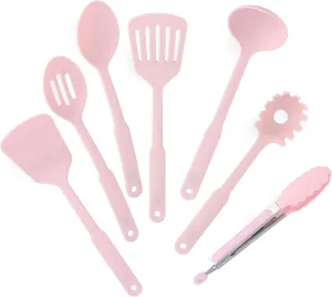 GreenLife Cooking Tools and Utensils, 7 Piece Nylon Set including Spatulas Turner Spoons and Tongs, Dishwasher Safe, Pink