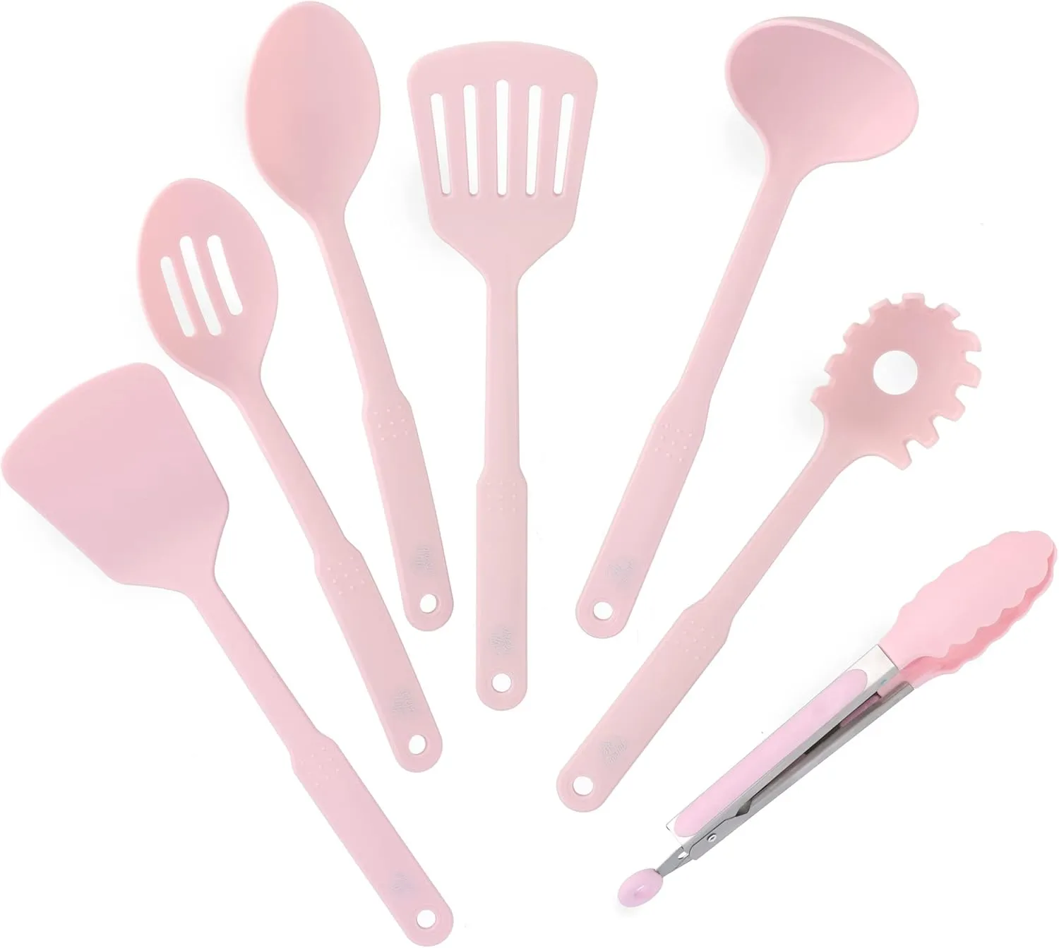 GreenLife Cooking Tools and Utensils, 7 Piece Nylon Set including Spatulas Turner Spoons and Tongs, Dishwasher Safe, Pink