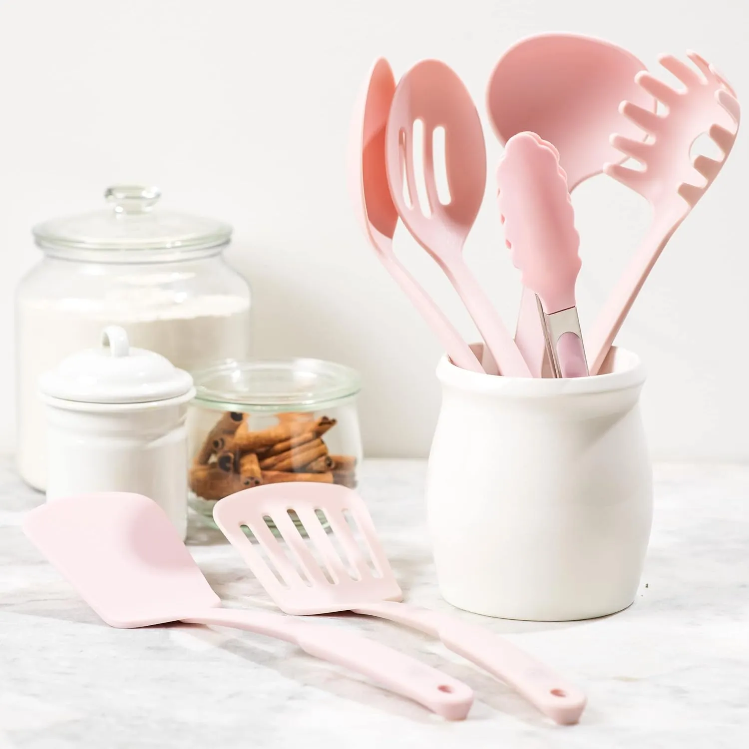 GreenLife Cooking Tools and Utensils, 7 Piece Nylon Set including Spatulas Turner Spoons and Tongs, Dishwasher Safe, Pink