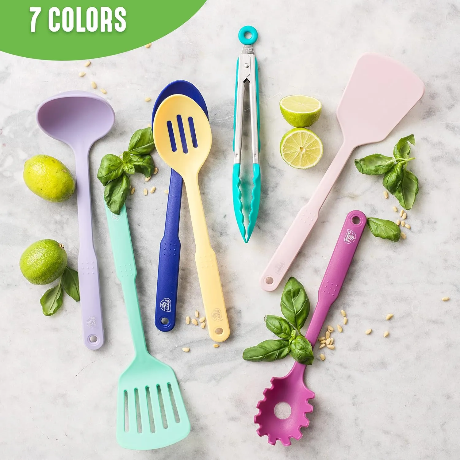 GreenLife Cooking Tools and Utensils, 7 Piece Nylon Set including Spatulas Turner Spoons and Tongs, Dishwasher Safe, Pink