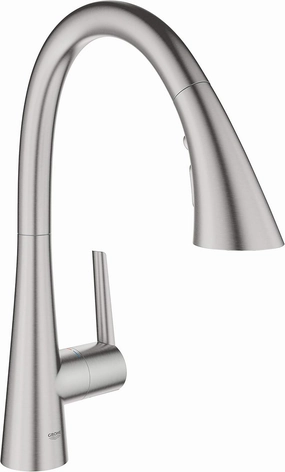 GROHE Zedra, Single-Lever Kitchen Sink Mixer Tap, High C-spout with Pull-Out Comfort Shower Head, 3 Spray Options, H. 401mm, 35 mm Ceramic Cartridge, 360° Swivel Range, Stainless Steel, 32294DC2