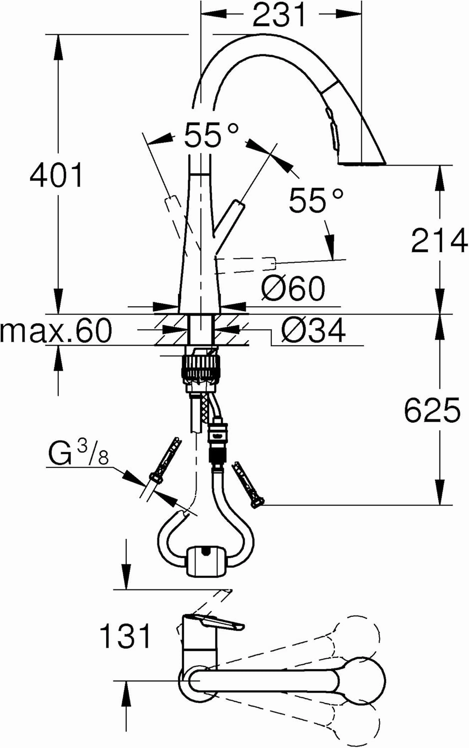 GROHE Zedra, Single-Lever Kitchen Sink Mixer Tap, High C-spout with Pull-Out Comfort Shower Head, 3 Spray Options, H. 401mm, 35 mm Ceramic Cartridge, 360° Swivel Range, Stainless Steel, 32294DC2