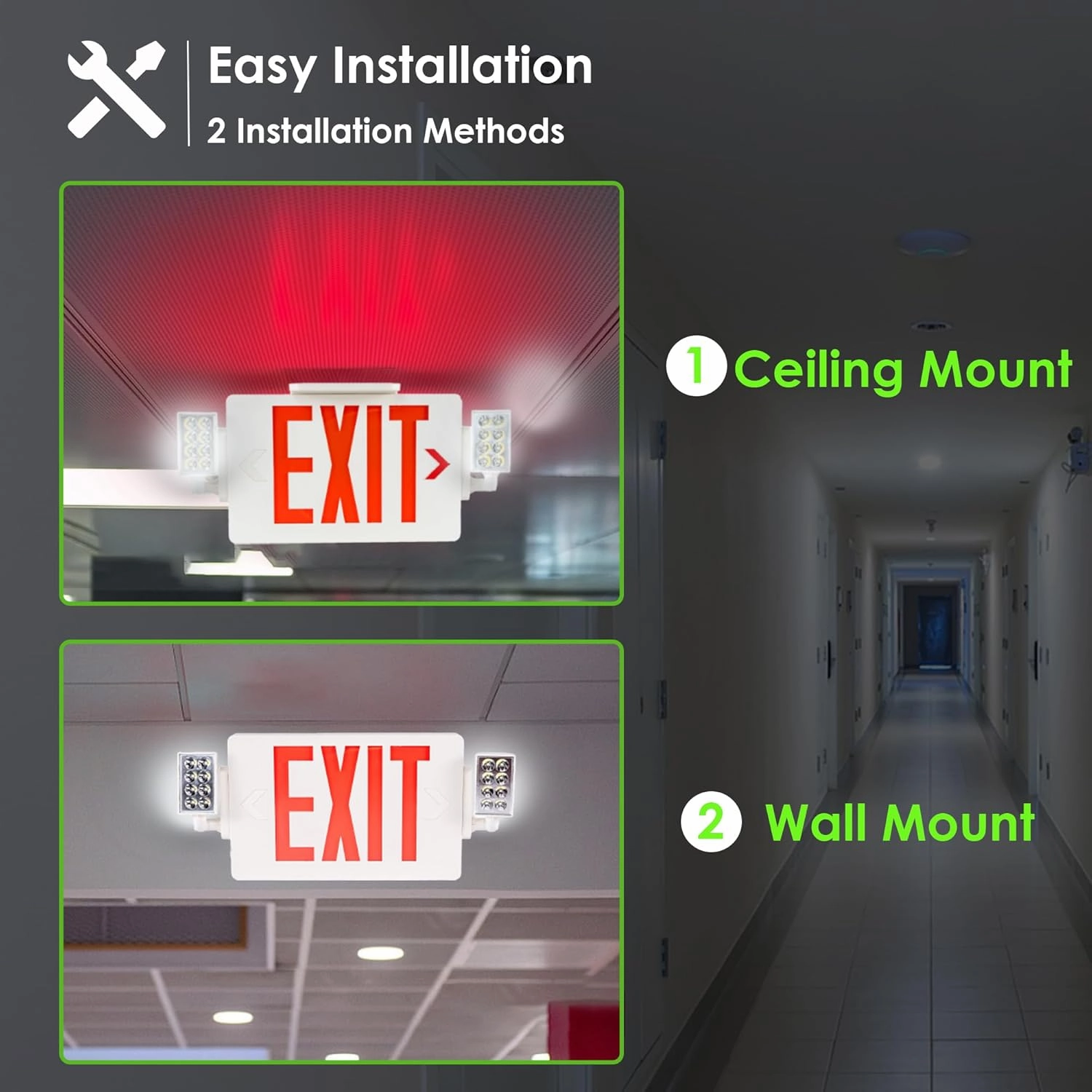 GRUENLICH LED Combo Exit Sign, Emergency Light with 2 Adjustable Heads and Double Face, Back Up Batteries- US Standard Red Letter EXIT, UL 924 Qualified, 120-277 Voltage, 1-Pack