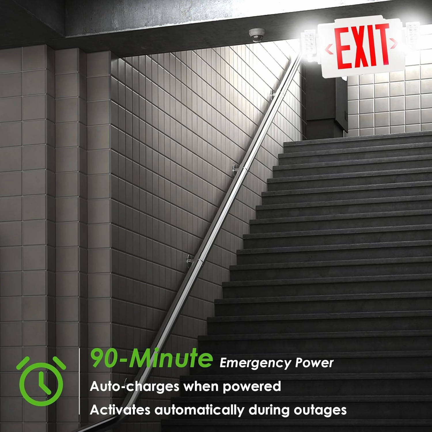 GRUENLICH LED Combo Exit Sign, Emergency Light with 2 Adjustable Heads and Double Face, Back Up Batteries- US Standard Red Letter EXIT, UL 924 Qualified, 120-277 Voltage, 1-Pack