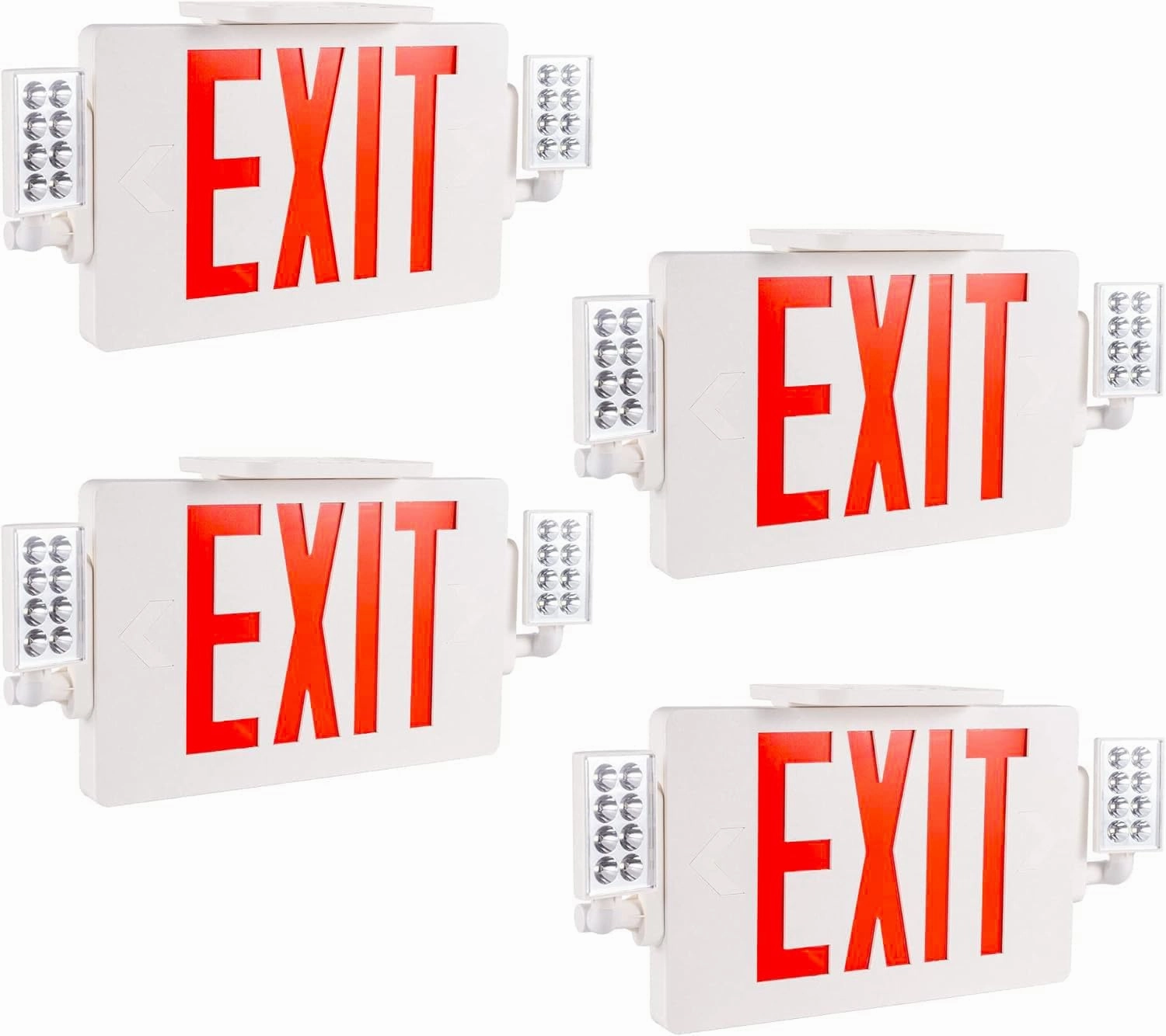 Gruenlich LED Combo Exit Sign, Emergency Light with 2 Adjustable Heads and Double Face, Back Up Batteries- US Standard Red Letter EXIT, UL 924 Qualified, 120-277 Voltage, 4-Pack