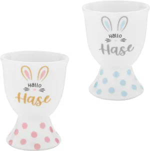 GRUSS & CO Egg Cup Set with Hello Rabbit Motif | Crockery Set Consisting of 2 Egg Cups, Porcelain, Height 6.8 cm, in Gift Wrap | Gift Easter, Easter Nest, Easter Decoration | 73820