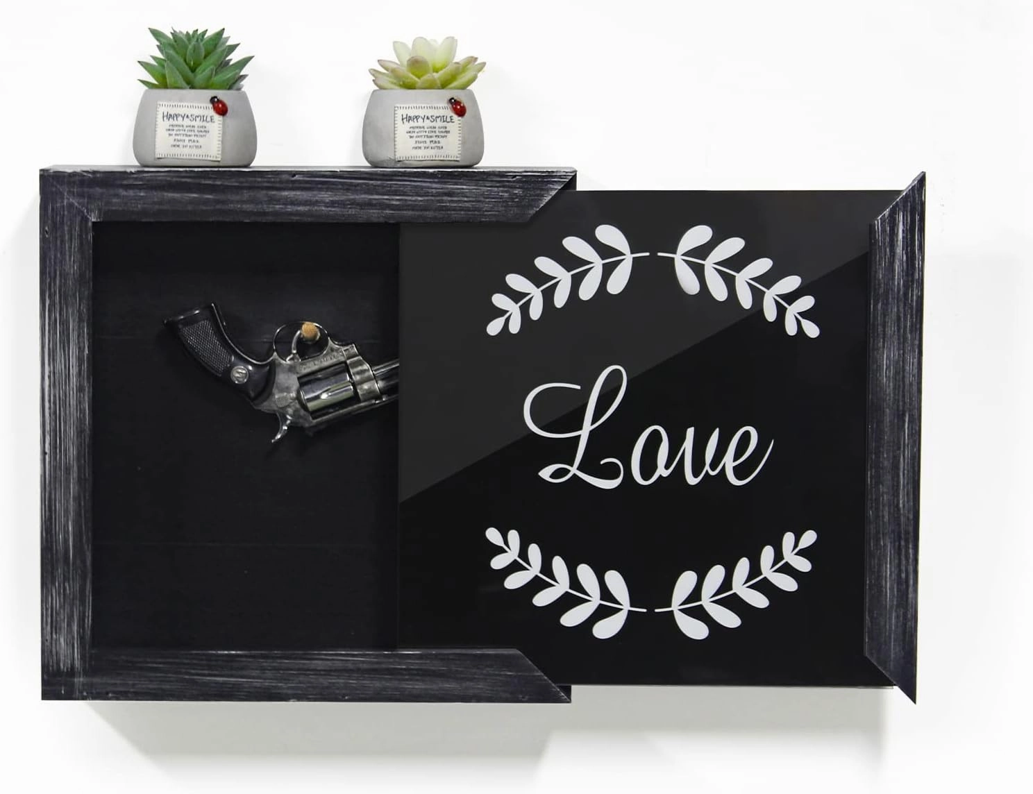 Gun Secret Concealment Furniture Decor for Pistols Handgun Wall Safe, Wooden Gun Storage Box w/Picture Frame