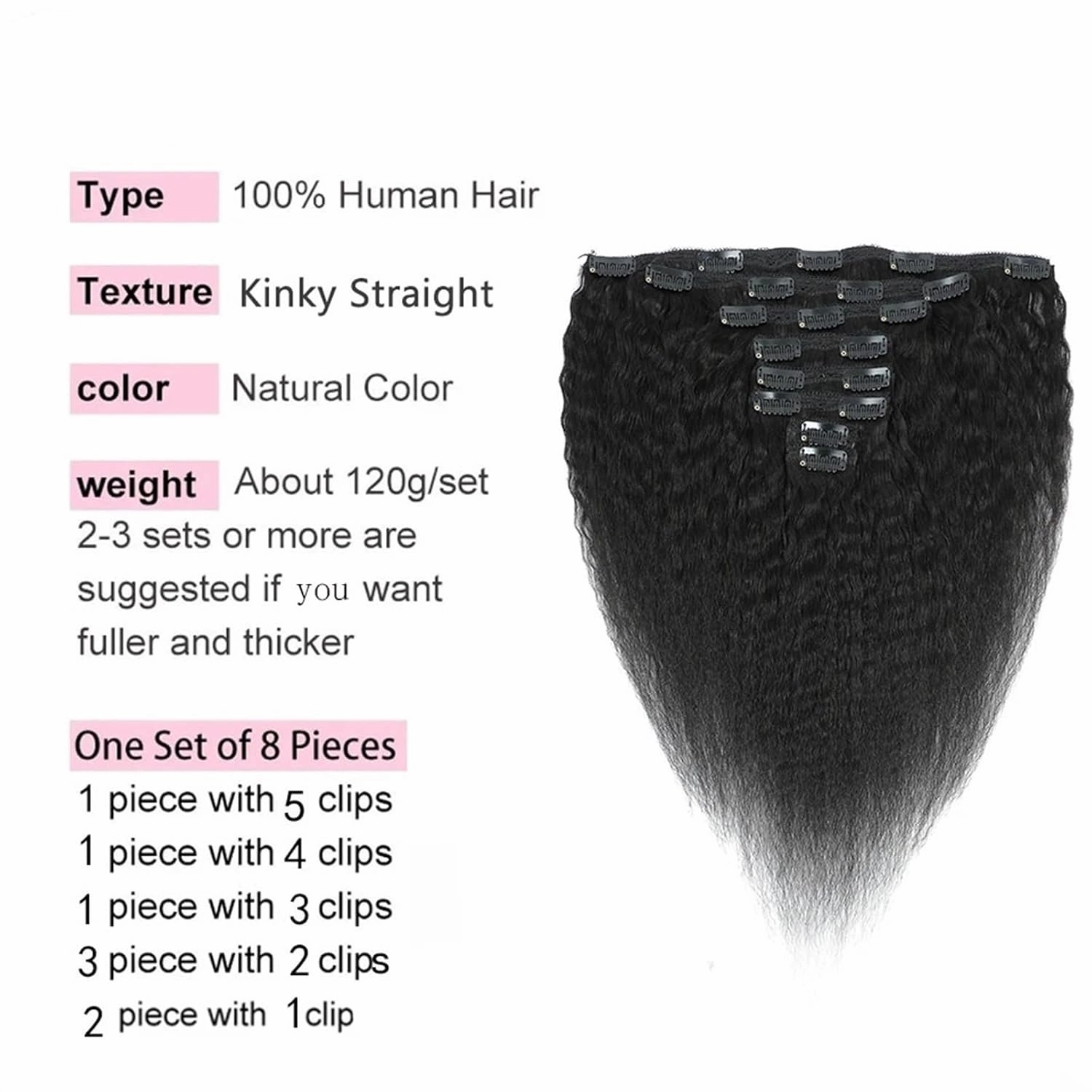 Hair Extensions Kinky Straight Clip in Hair Extensions 8-26" Thick Brazilian 100% Remy Hair Natural Black 8 Pieces with 20 Clips 120g/160g per Set Fit For Full Head Hair Pieces(8inches,120g/Set)