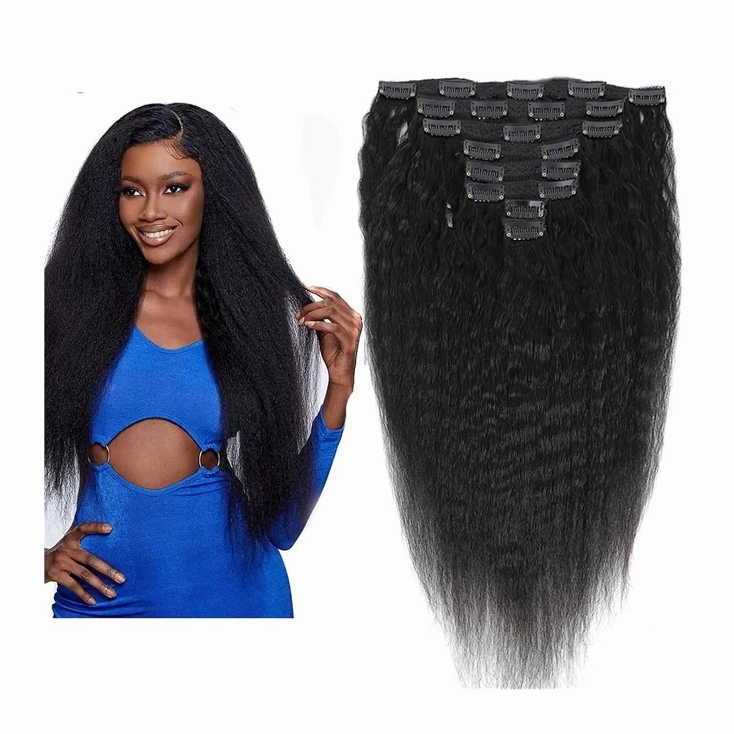 Hair Extensions Kinky Straight Clip in Hair Extensions 8-26" Thick Brazilian 100% Remy Hair Natural Black 8 Pieces with 20 Clips 120g/160g per Set Fit For Full Head Hair Pieces(8inches,120g/Set)