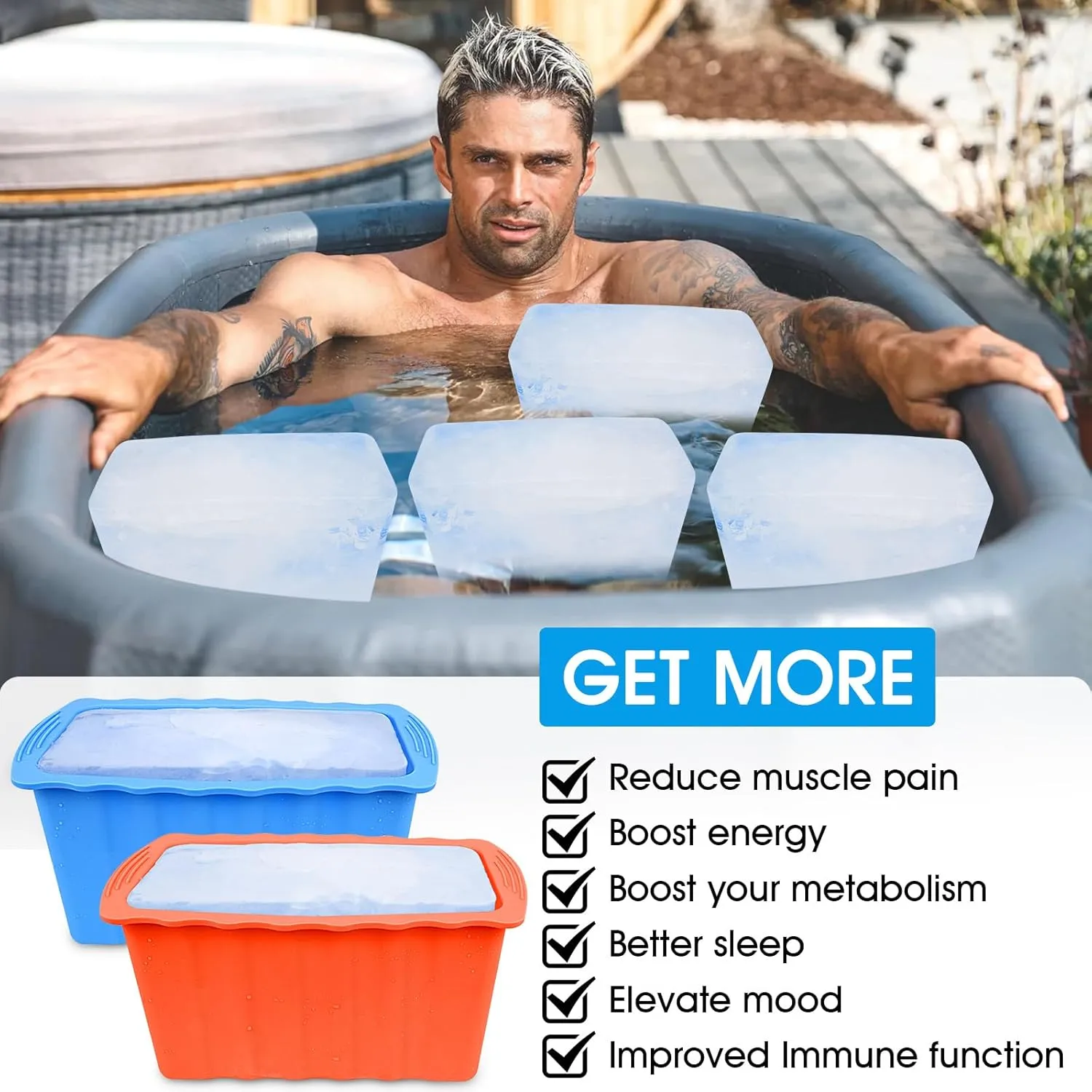 Haldane 6PCLarge Ice Cube Molds 38LB Ice Bath Water Chiller Giant Ice Block Molds Silicone Ice Block Maker For Home, Thicker Big Ice Cube Tray Reusable Athletes Cold Plunge Accessories,Blue Orange