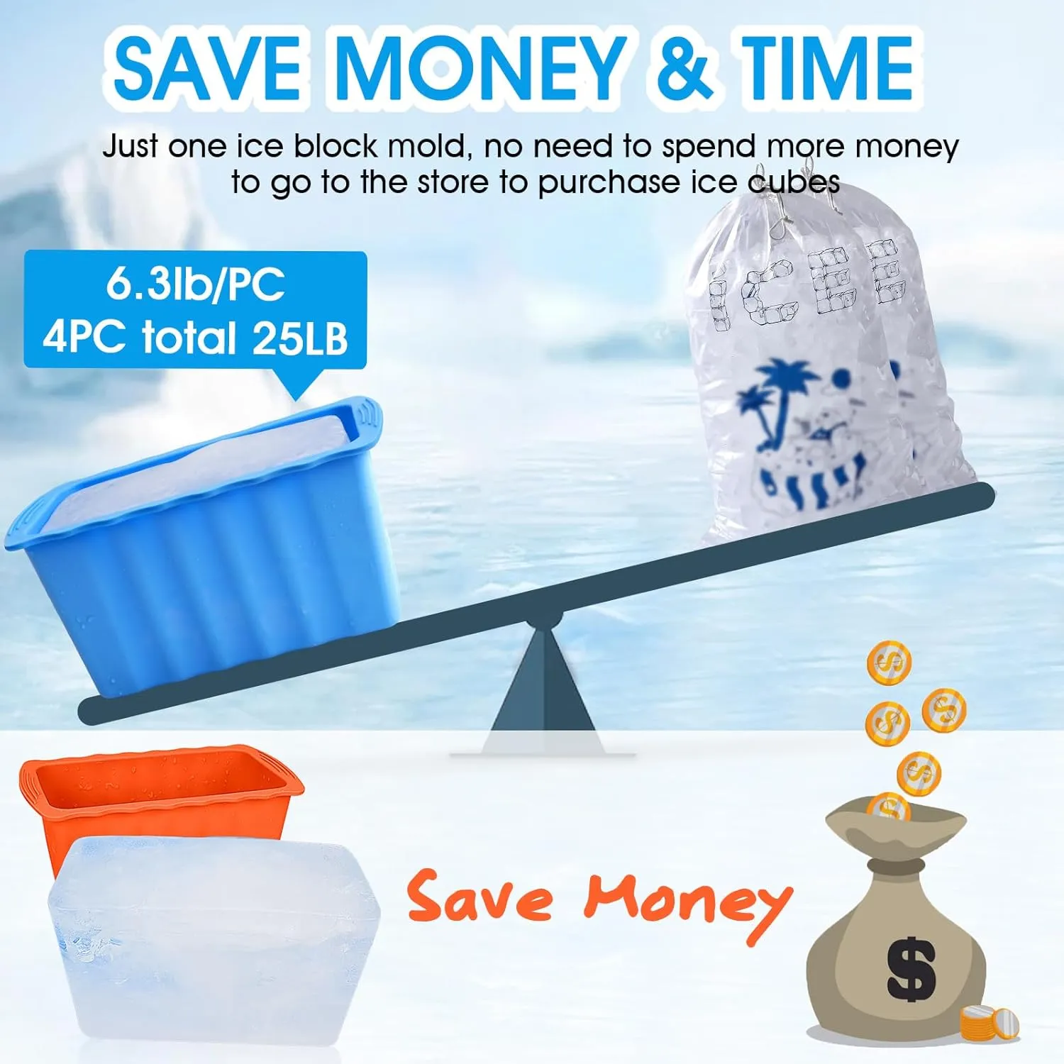Haldane 6PCLarge Ice Cube Molds 38LB Ice Bath Water Chiller Giant Ice Block Molds Silicone Ice Block Maker For Home, Thicker Big Ice Cube Tray Reusable Athletes Cold Plunge Accessories,Blue Orange