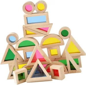 HANABASS 24Pcs Kaleidoscopic Block Wooden Geometric Shapes for Early Educational Present for Home Preschool and Nursery Develops Color Recognition and Hand Eye Coordination