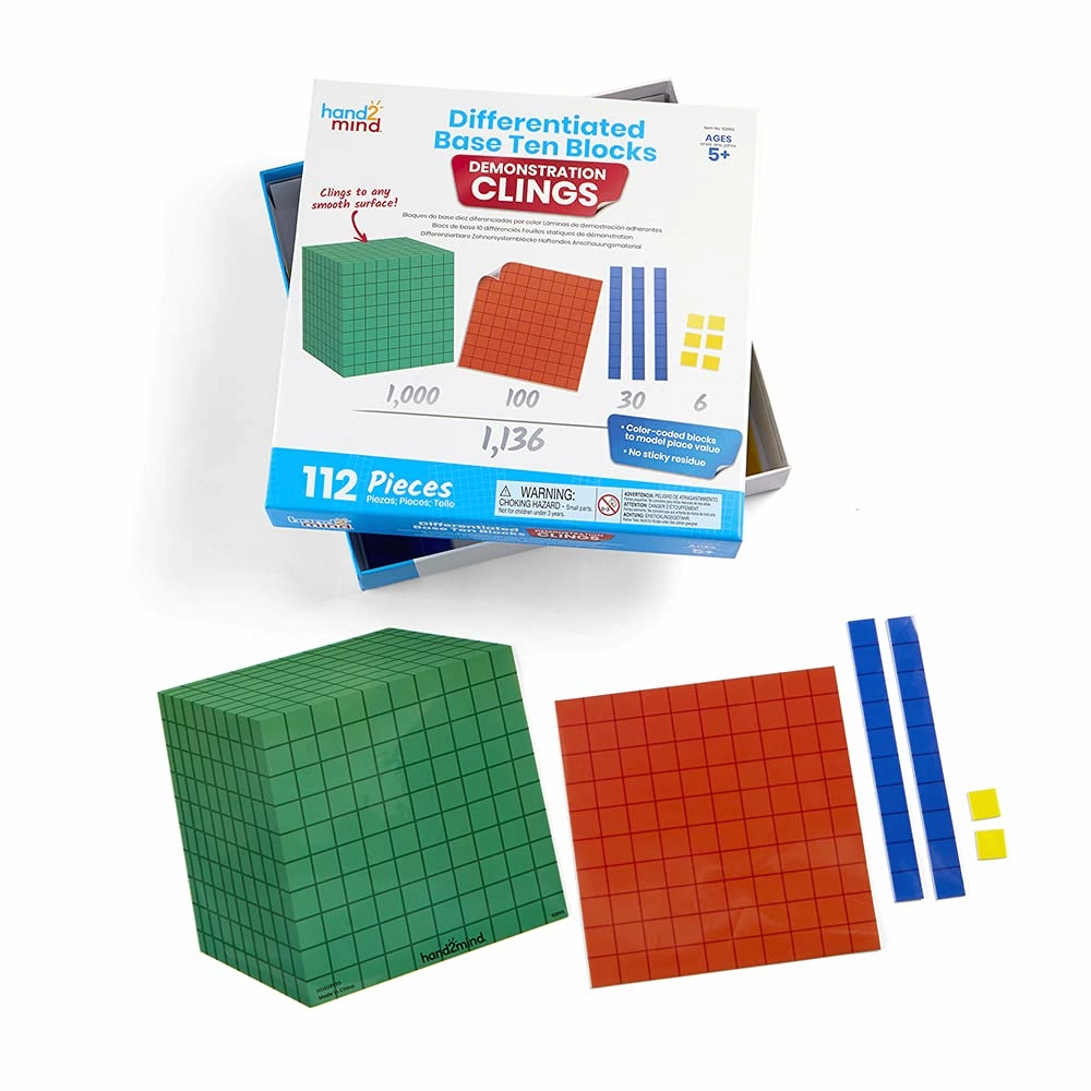 hand2mind Differentiated Base Ten Blocks Clings for Teachers, Flat Demonstration Base Ten Clings, Learn Place Value, Number Concepts, and Counting, Homeschool Supplies (131 Pieces)