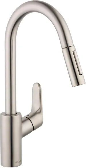 hansgrohe Focus Stainless Steel High Arc Kitchen Faucet, Kitchen Faucets with Pull Down Sprayer, Faucet for Kitchen Sink, Magnetic Docking Spray Head, Stainless Steel Optic 04505800, 1.75
