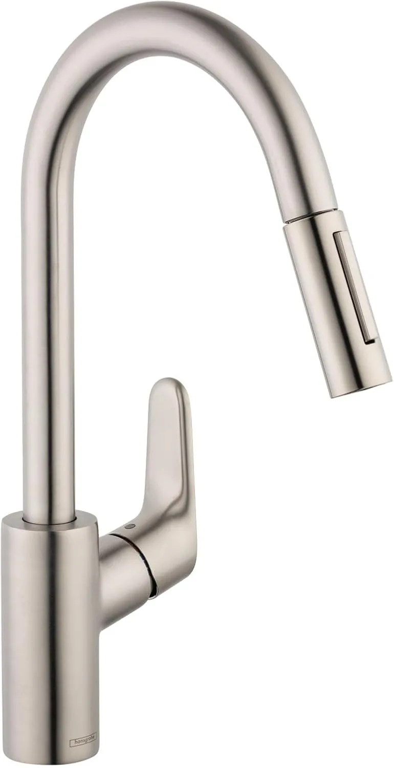 hansgrohe Focus Stainless Steel High Arc Kitchen Faucet, Kitchen Faucets with Pull Down Sprayer, Faucet for Kitchen Sink, Magnetic Docking Spray Head, Stainless Steel Optic 04505800, 1.75