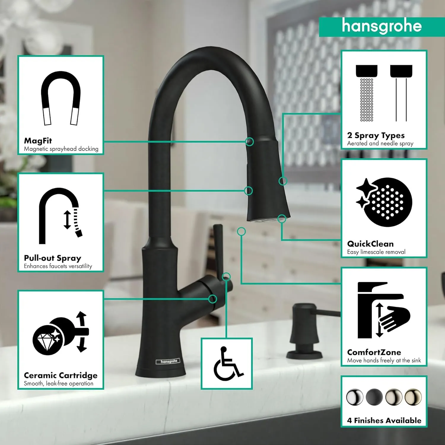 hansgrohe Joleena Black High Arc Kitchen Faucet, Kitchen Faucets with Pull Down Sprayer, Faucet for Kitchen Sink, Matte Black 04793670