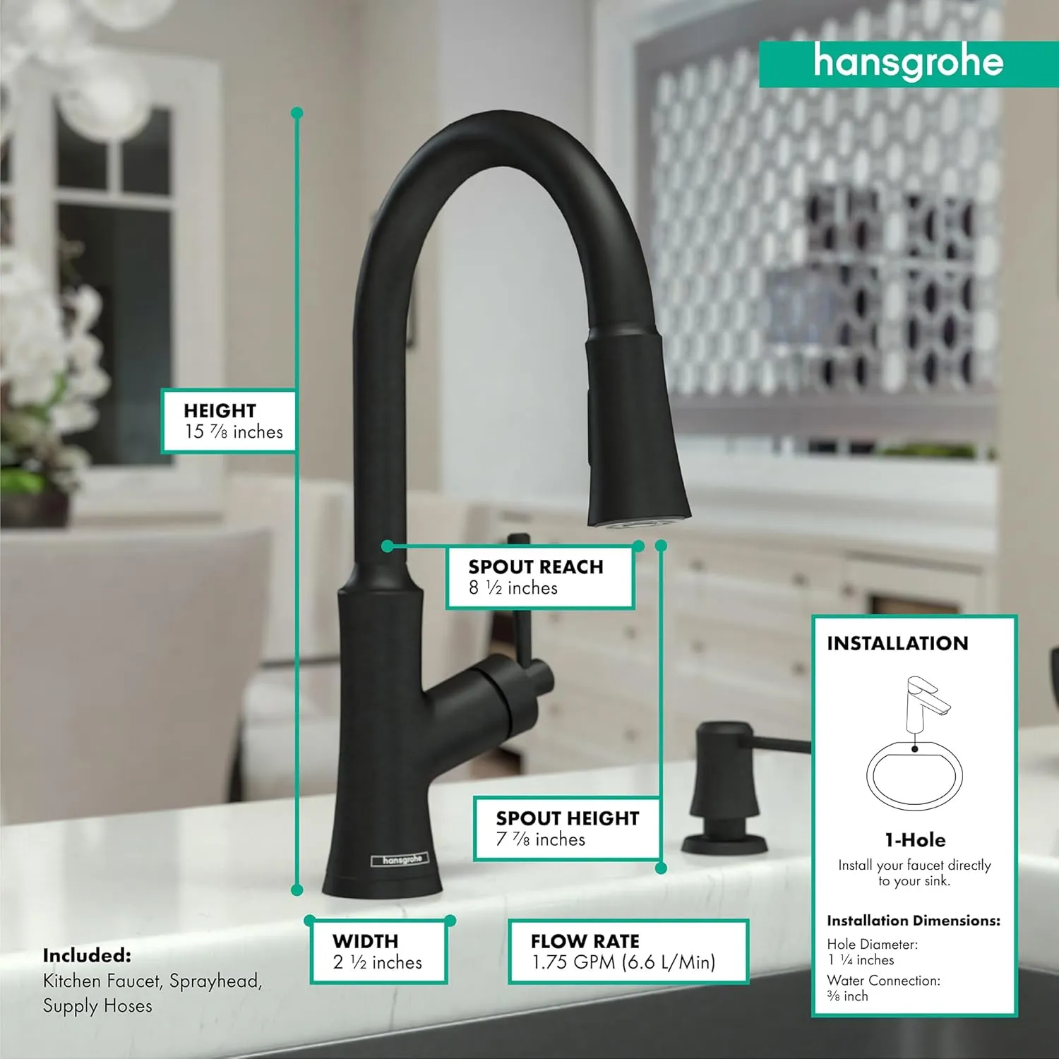 hansgrohe Joleena Black High Arc Kitchen Faucet, Kitchen Faucets with Pull Down Sprayer, Faucet for Kitchen Sink, Matte Black 04793670