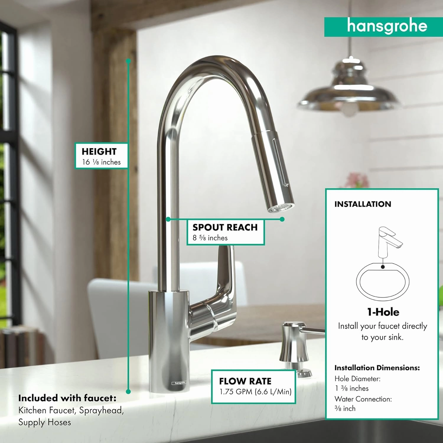 hansgrohe Focus Brushed Nickel High Arc Kitchen Faucet, Kitchen Faucets with Pull Down Sprayer, Faucet for Kitchen Sink, Magnetic Docking Spray Head, Polished Nickel 04505830, 1.75