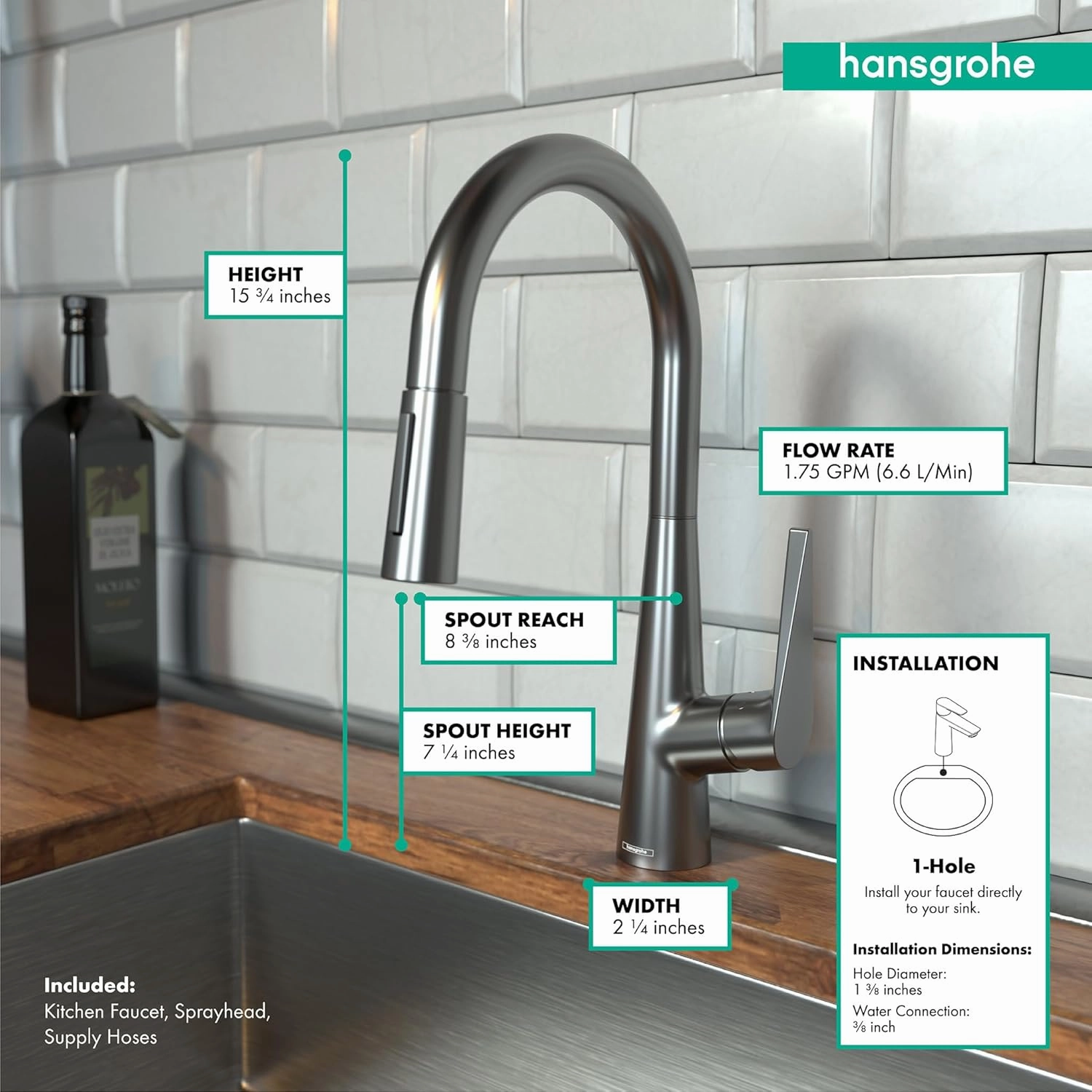 hansgrohe Talis S Black High Arc Kitchen Faucet, Kitchen Faucets with Pull Down Sprayer, Faucet for Kitchen Sink, Magnetic Docking Spray Head, Brushed Black Chrome 72813341