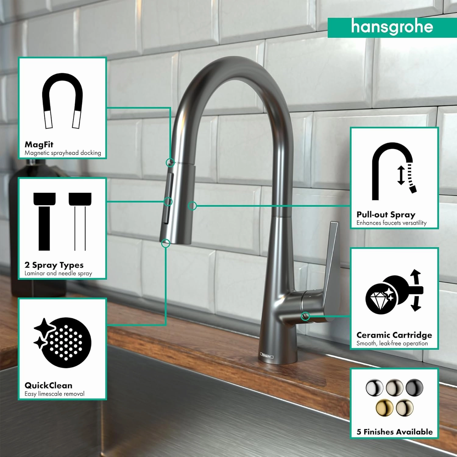 hansgrohe Talis S Black High Arc Kitchen Faucet, Kitchen Faucets with Pull Down Sprayer, Faucet for Kitchen Sink, Magnetic Docking Spray Head, Brushed Black Chrome 72813341