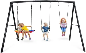 Hapfan 500lb Heavy Duty Metal Swing Sets for Backyard with Saucer Swing, Kids Triple Outdoor Swingset, Easy to Assemble
