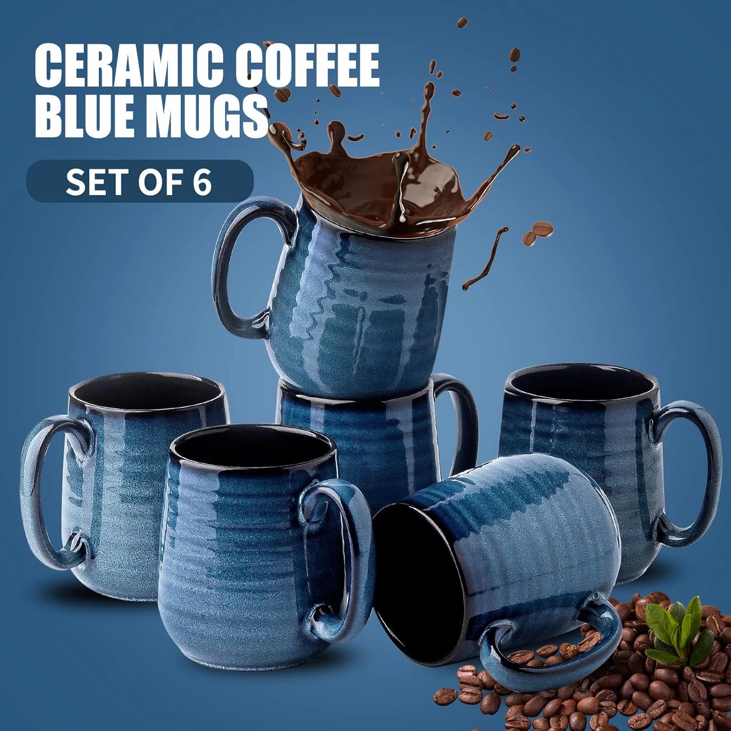 Hasense Coffee Mugs Set of 6, 12 Ounce Coffee Cups Set with Handle, Ceramic Tea Mugs for Kitchen, Blue Latte Mugs for Coffee,Cocoa, Tea, Stylish Mug Gift, Dishwasher and Microwave Safe