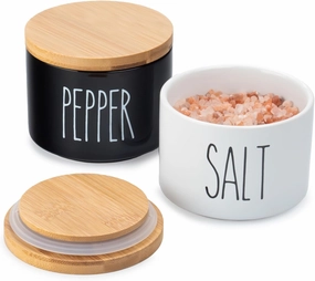 Heartland Home Ceramic Salt and Pepper Bowls. Dual Holder Salt Cellar with Lid. Black and White Stackable Salt Container Set. Pepper Bowl, 2 Airtight Wooden Lids. 9oz Salt Box Pinch Dish