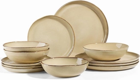Herogo 12pcs Stoneware Dinnerware Sets for 4, Irregular Handmade Dinner Plates and Bowls, Kitchen Dining Dish Dishware Set, Microwave & Dishwasher Safe, Cream Khaki