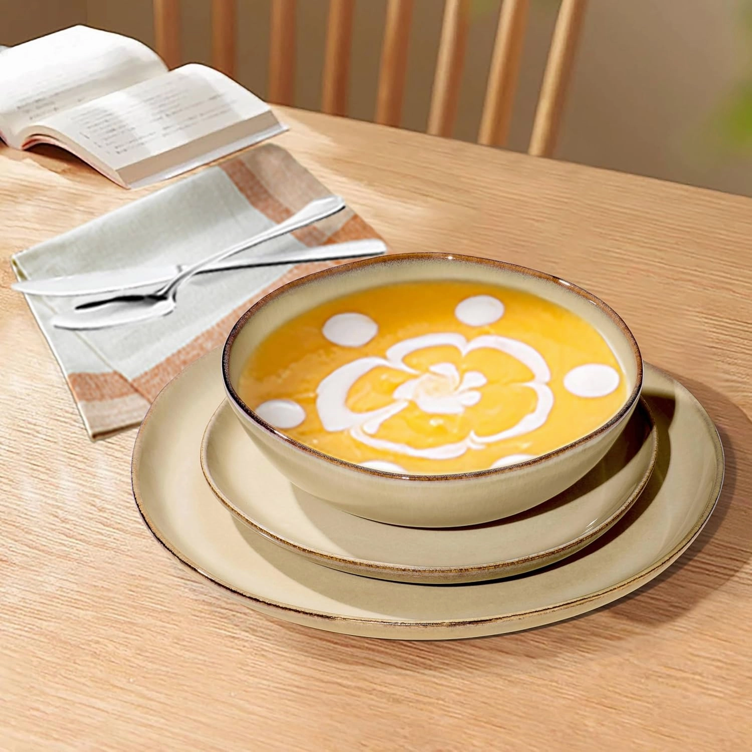 Herogo 12pcs Stoneware Dinnerware Sets for 4, Irregular Handmade Dinner Plates and Bowls, Kitchen Dining Dish Dishware Set, Microwave & Dishwasher Safe, Cream Khaki