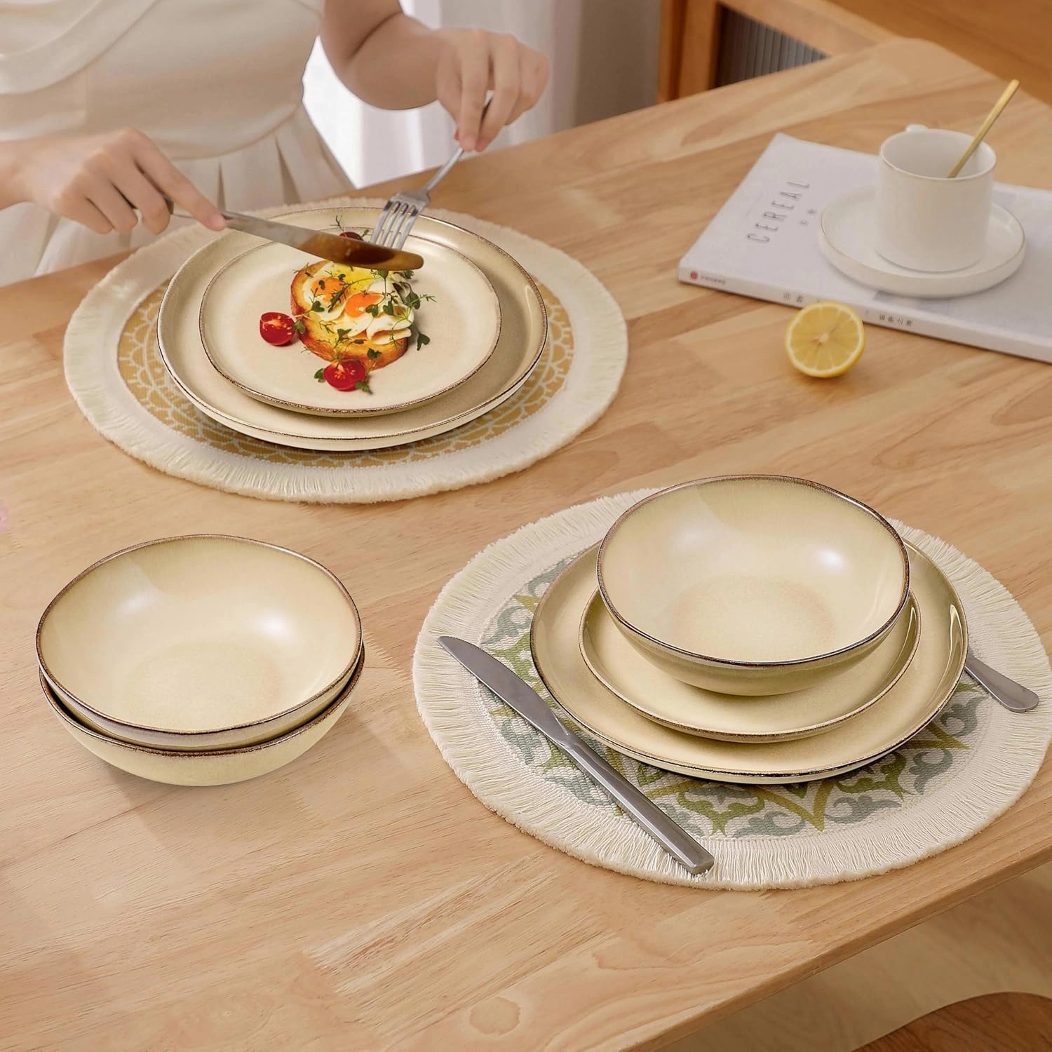 Herogo 12pcs Stoneware Dinnerware Sets for 4, Irregular Handmade Dinner Plates and Bowls, Kitchen Dining Dish Dishware Set, Microwave & Dishwasher Safe, Cream Khaki