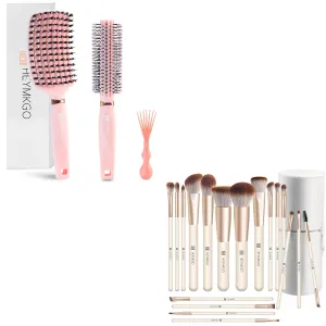 HEYMKGO Makeup Brushes & Hair Brush Set for Women, 18Pcs Makeup Brushes Set 3Pcs Hair Brush Set