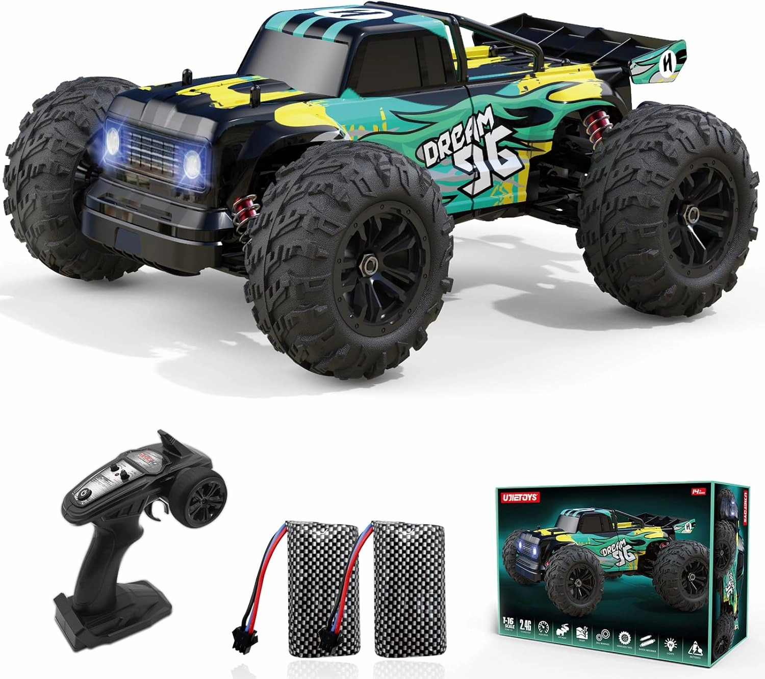 High Speed RC Cars 40KPH for Adults, 1:16 Scale Remote Control Car, 4WD All Terrain Off-Road Monster RC Truck with Bright Headlight 2 Rechargeable Batteries for Kids and Adults