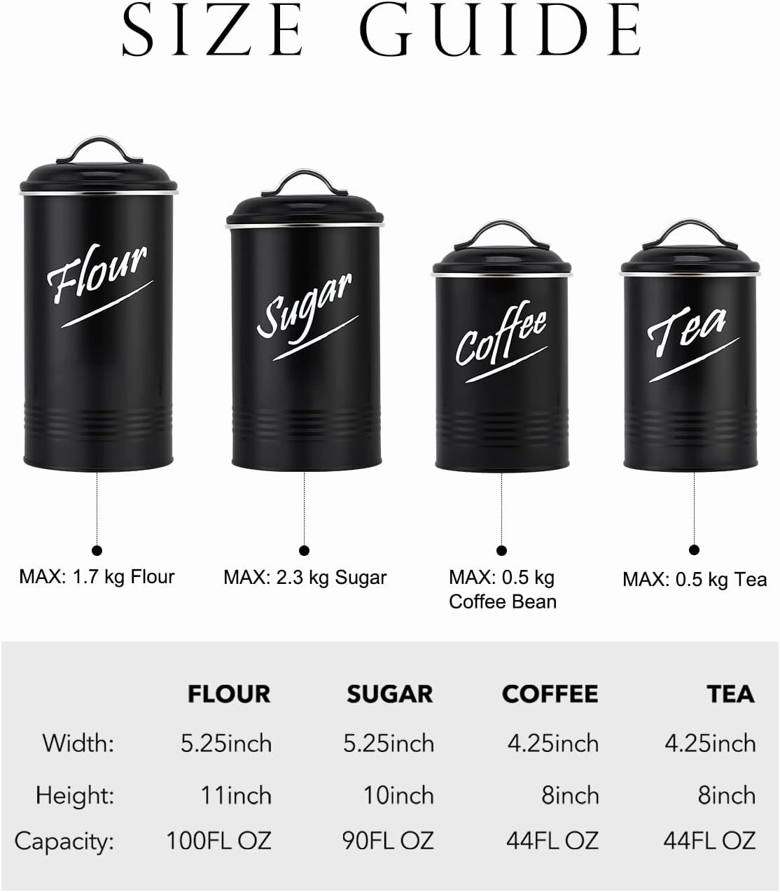 Hillbond Canisters Sets for The Kitchen Countertop with Airtight Lids Flour Tea Coffee Sugar Containers Farmhouse Black Canisters for Kitchen Counter Set of 4
