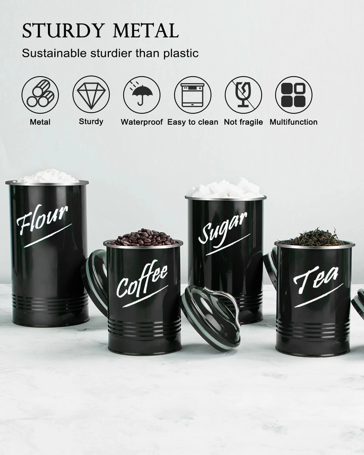 Hillbond Canisters Sets for The Kitchen Countertop with Airtight Lids Flour Tea Coffee Sugar Containers Farmhouse Black Canisters for Kitchen Counter Set of 4