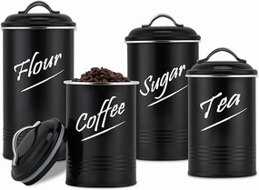 Hillbond Canisters Sets for The Kitchen Countertop with Airtight Lids Flour Tea Coffee Sugar Containers Farmhouse Black Canisters for Kitchen Counter Set of 4