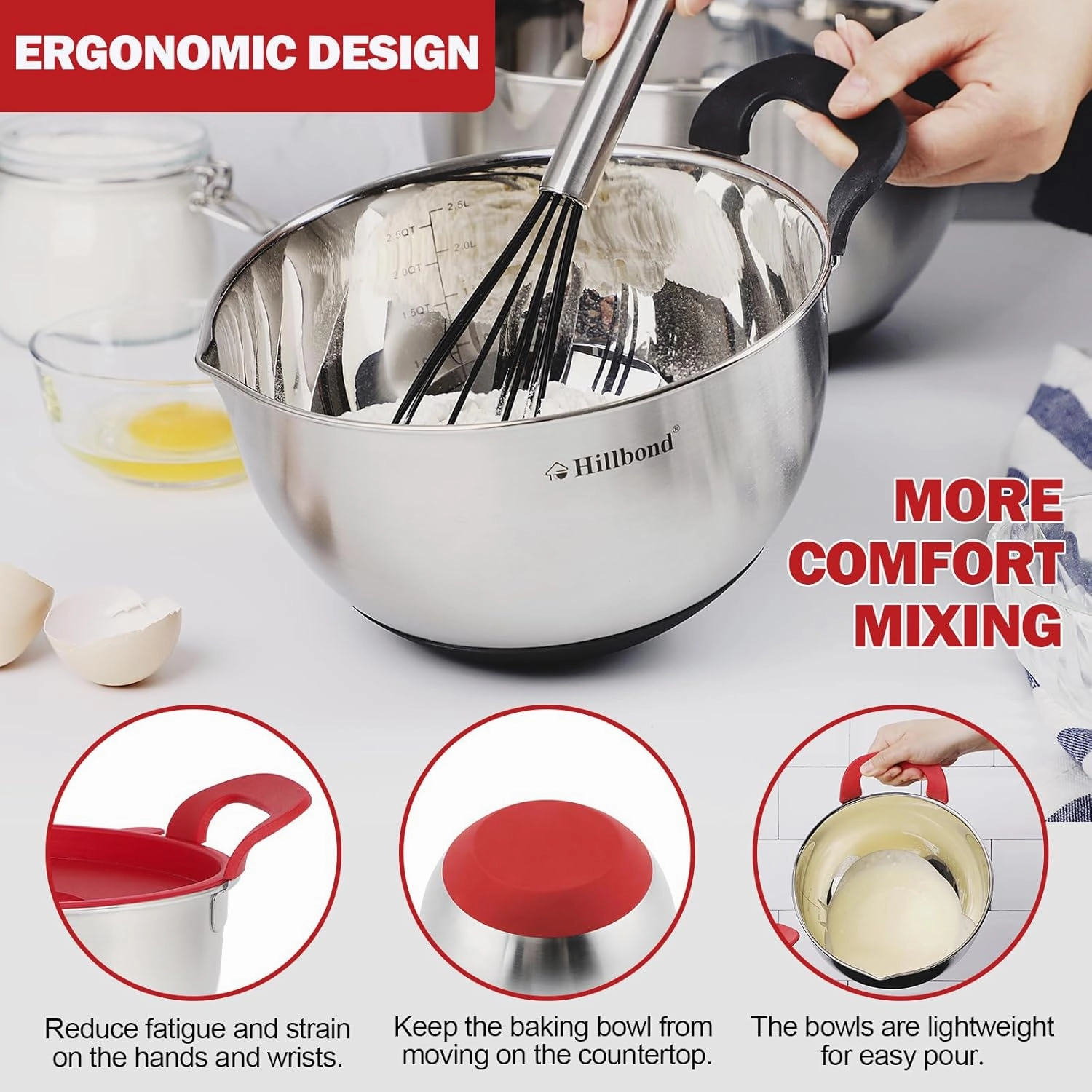 Hillbond Mixing Bowls with BPA Free Airtight Lids Nesting Bowls with Pour Spout, Silicone Handle and Non-Slip Bottoms for Baking, Stainless Steel Mixing Bowls Dishwasher Safe, 1.5, 3, 5 QT (Red)