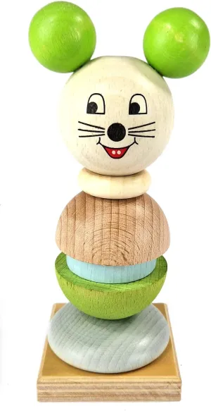 Holzspielzeug- Mouse 14979 Wooden Stacking Game, Mouse Design, Handmade, for Children from 3 Years, Tower with Rings and Ball Head, 14979