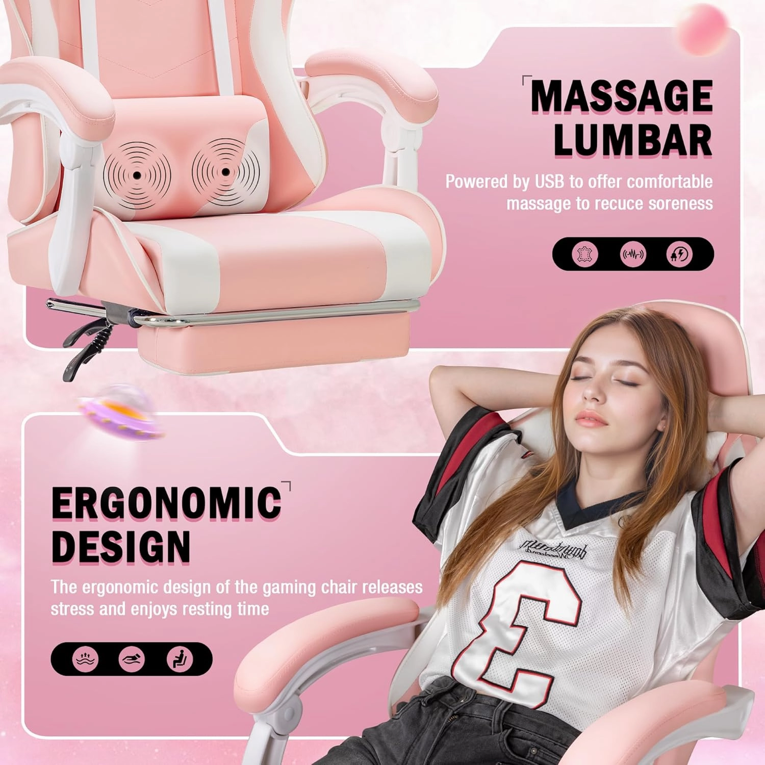 Homall Gaming Chair, Video Game Chair with Footrest and Massage Lumbar Support, Ergonomic Computer Chair Height Adjustable with Swivel Seat and Headrest (Pink)