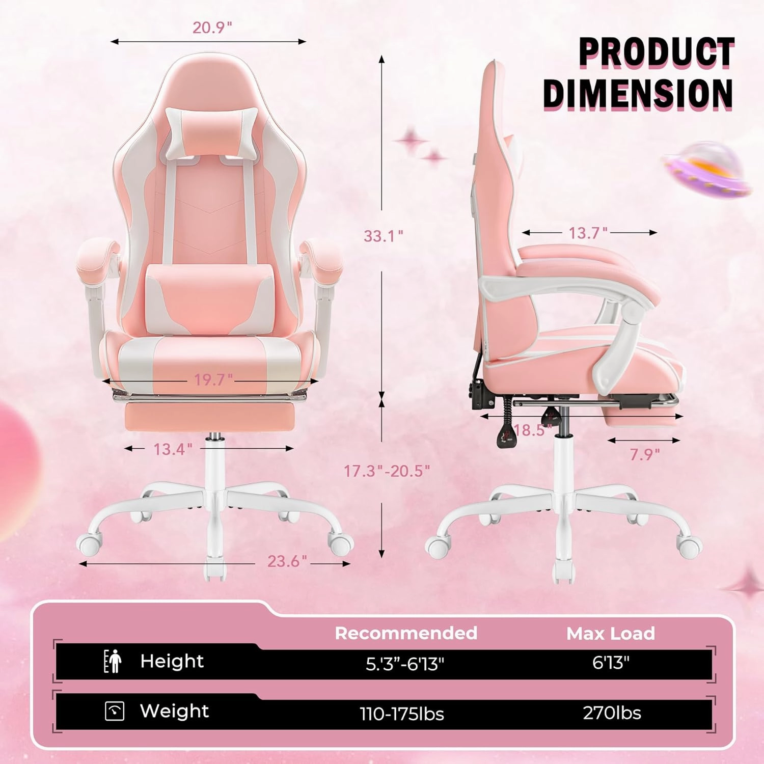 Homall Gaming Chair, Video Game Chair with Footrest and Massage Lumbar Support, Ergonomic Computer Chair Height Adjustable with Swivel Seat and Headrest (Pink)