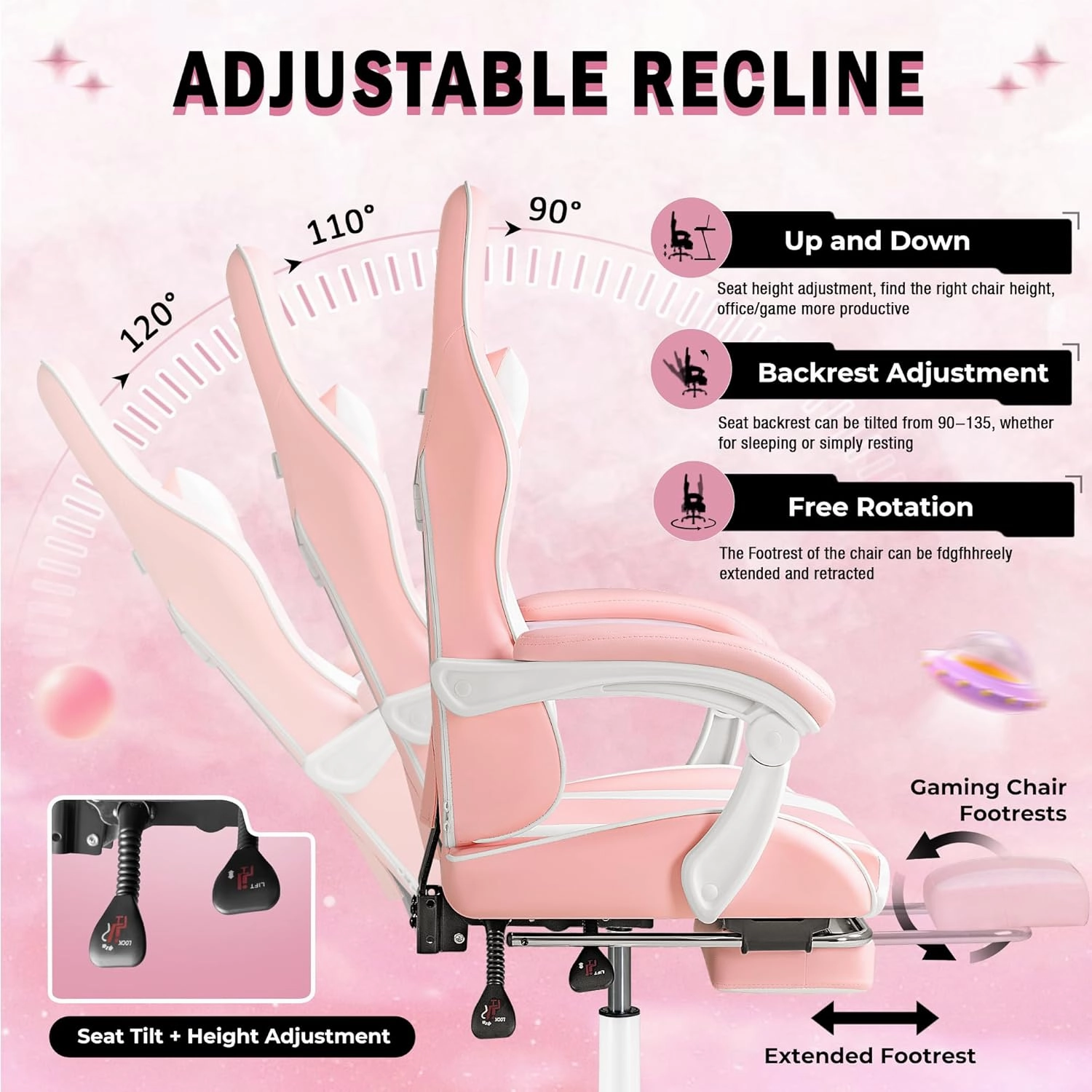 Homall Gaming Chair, Video Game Chair with Footrest and Massage Lumbar Support, Ergonomic Computer Chair Height Adjustable with Swivel Seat and Headrest (Pink)
